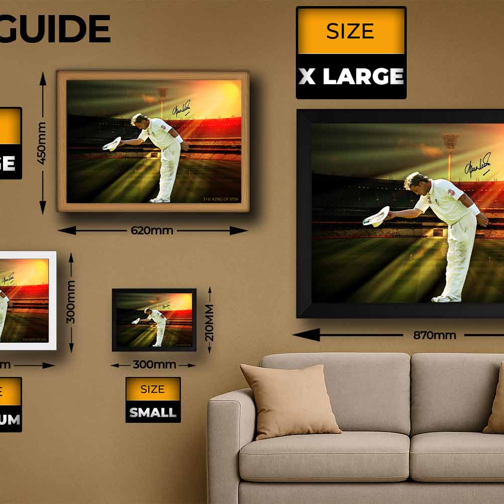 Shane Warne framed cricket wall art size guide showing small, medium, large, and extra-large options — perfect reference for man cave wall décor and cricket memorabilia collectors.