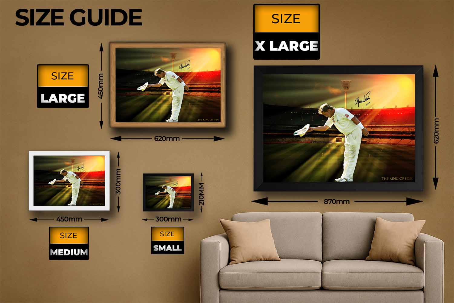 Shane Warne framed cricket wall art size guide showing small, medium, large, and extra-large options — perfect reference for man cave wall décor and cricket memorabilia collectors.