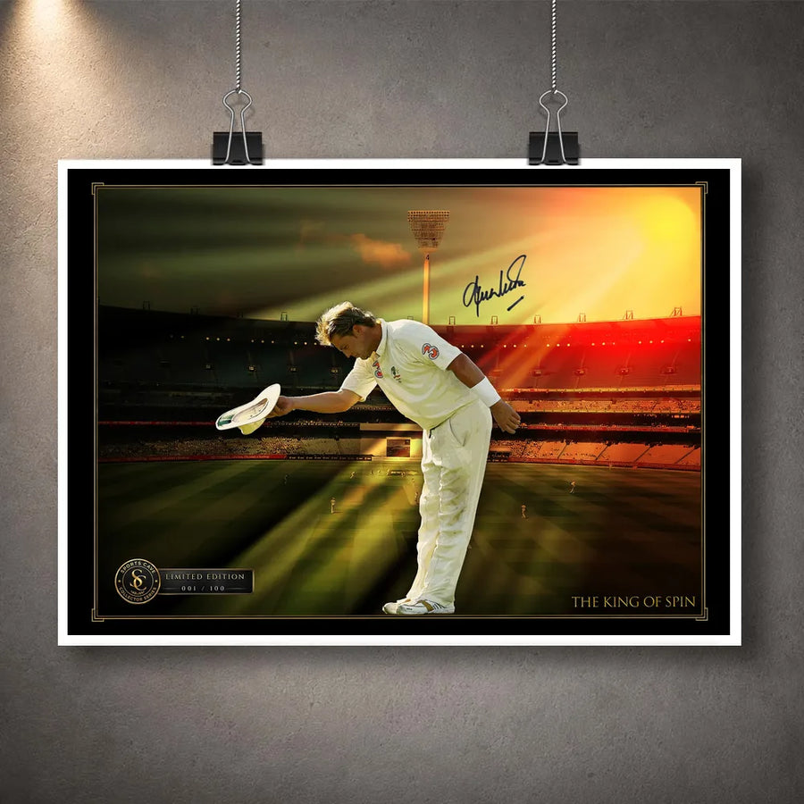 Unframed Shane Warne cricket wall art print showing his bowing tribute on a warm stadium background.