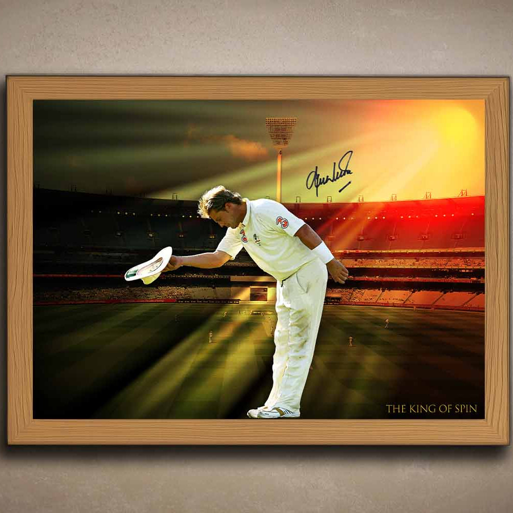 Shane Warne oak-framed sports wall art featuring a sunset tribute at the MCG — a premium piece of framed sports memorabilia and cricket memorabilia for man cave wall décor collectors in Australia.