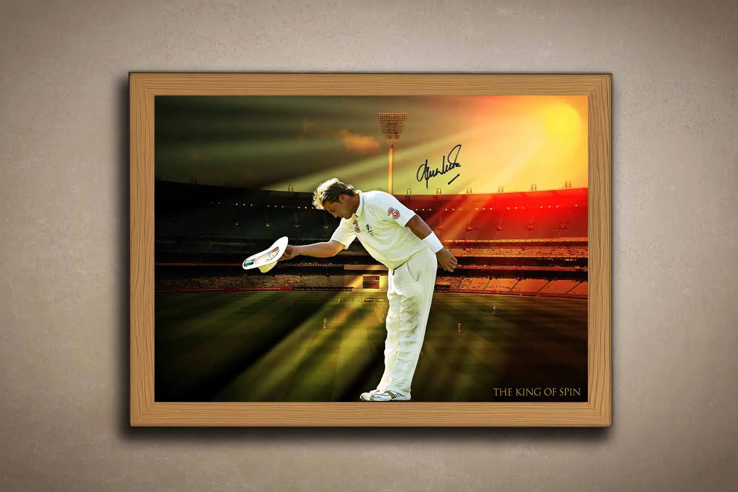 Shane Warne oak-framed sports wall art featuring a sunset tribute at the MCG — a premium piece of framed sports memorabilia and cricket memorabilia for man cave wall décor collectors in Australia.