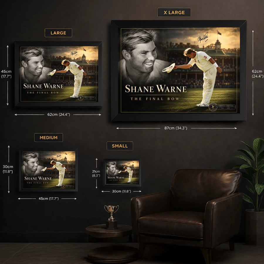 Shane Warne The Final Bow framed edition sizing guide showing four print sizes, from small to extra large.