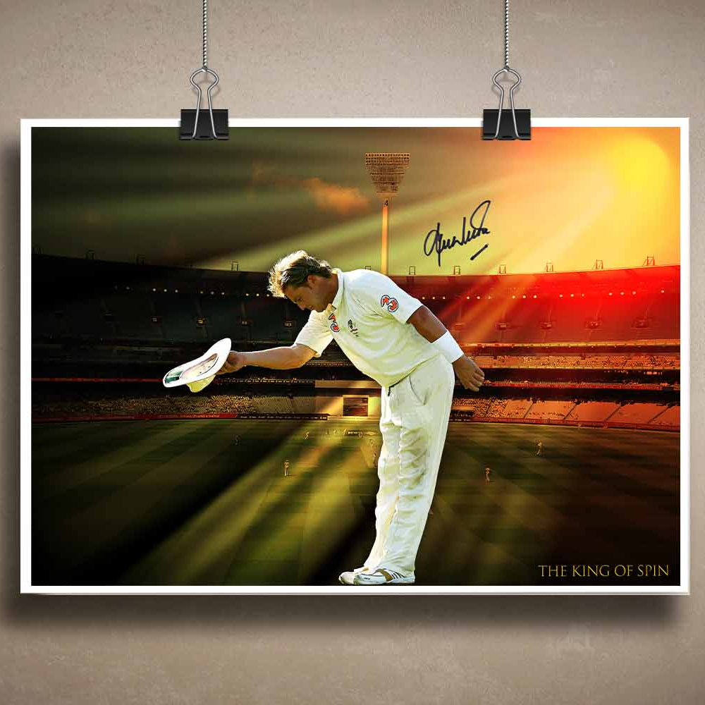 Shane Warne wall art in white frame – a premium cricket tribute print and framed sports memorabilia for true fans of the spin king.