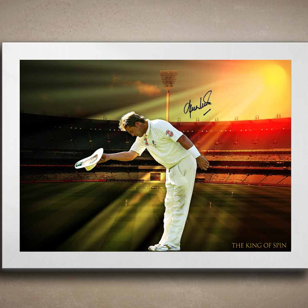 White-framed Shane Warne cricket memorabilia artwork featuring his final bow at the MCG — a stunning piece of framed sports art and man cave wall décor for true Australian cricket fans.