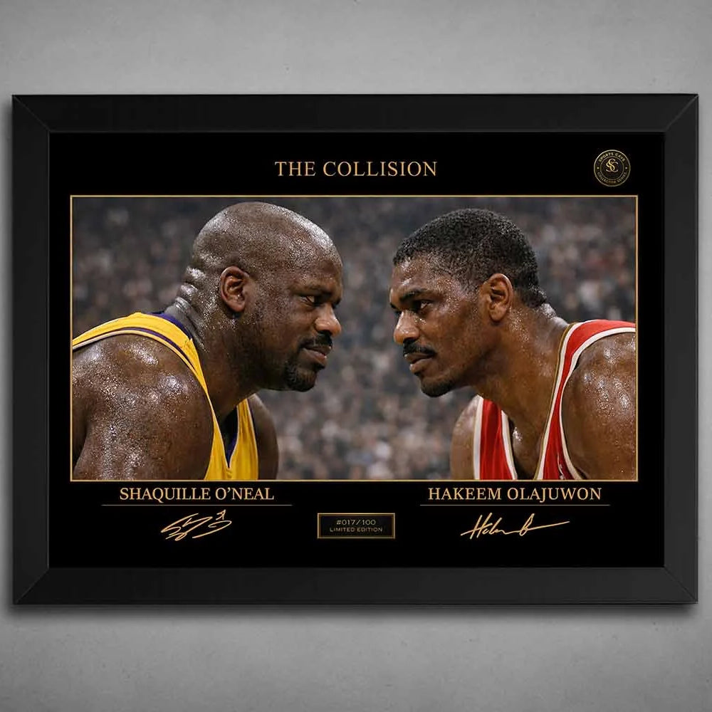Shaquille O’Neal vs Hakeem Olajuwon The Collision artwork in black frame, premium sports collectibles capturing NBA rivalry