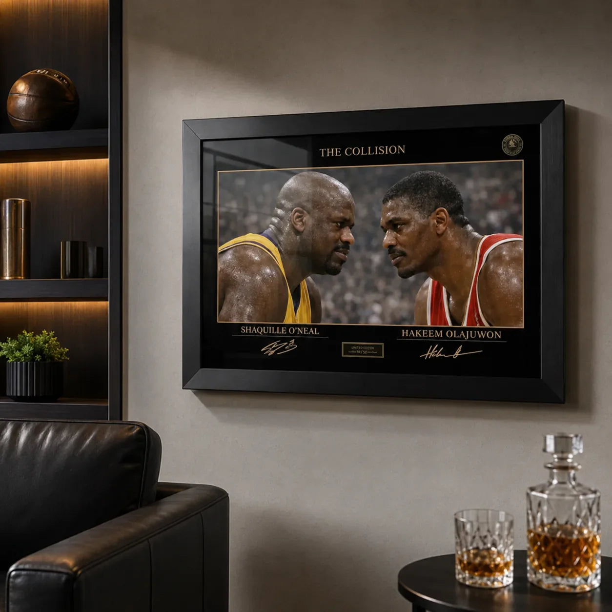 The Collision Shaq vs Hakeem framed sports art in a dark man cave with leather chair and display shelves