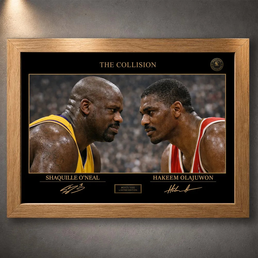 Shaquille O’Neal vs Hakeem Olajuwon basketball artwork shown in an oak frame on a textured wall