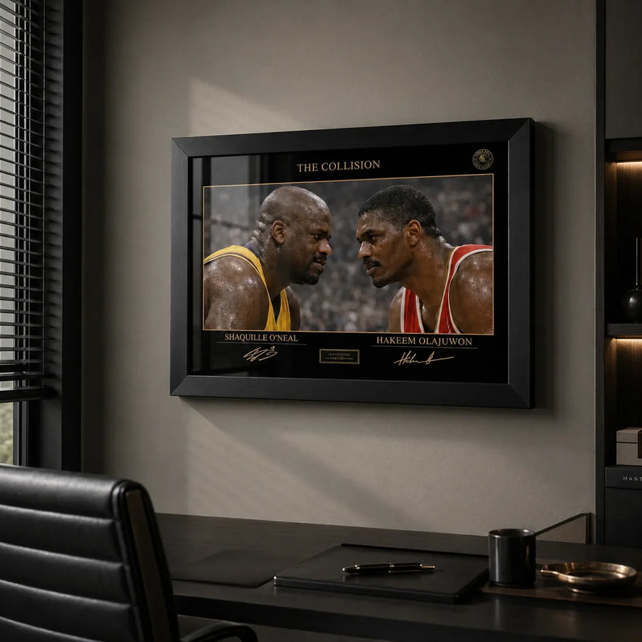 Shaq vs Hakeem basketball wall art in a premium office setting with black frame, desk, and window light