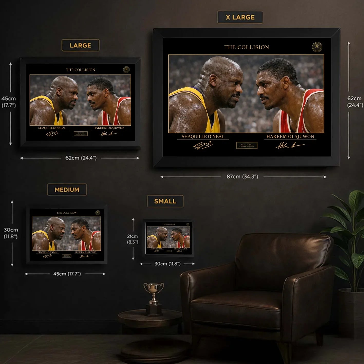 Shaq vs Hakeem framed wall art size guide showing small, medium, large, and XL display dimensions