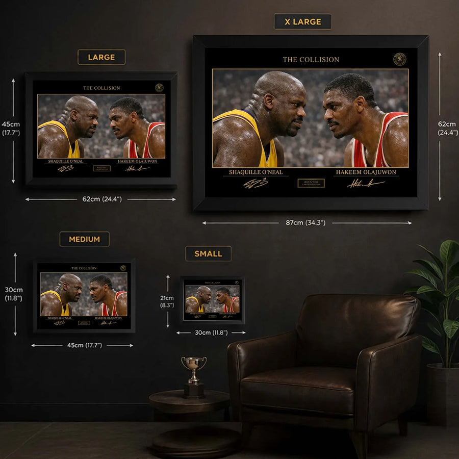Shaq vs Hakeem framed wall art size guide showing small, medium, large, and XL display dimensions