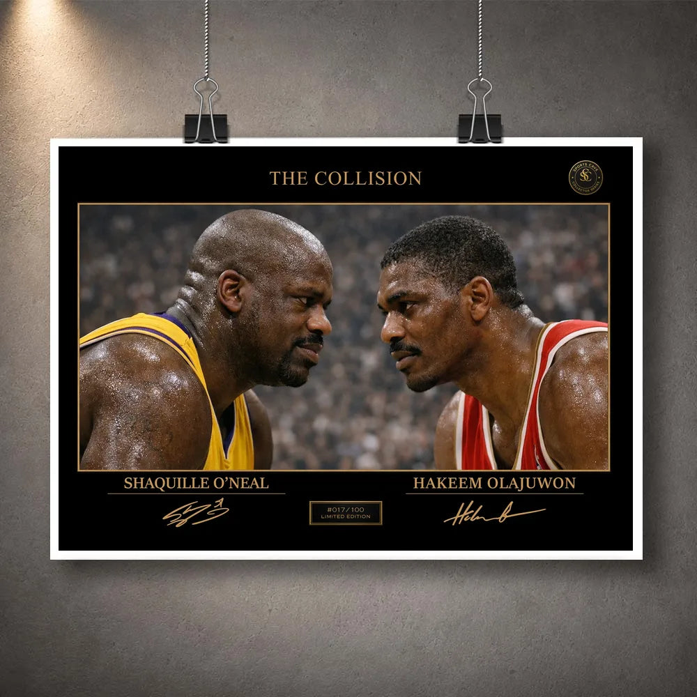 Unframed Shaq vs Hakeem basketball art print hanging with white border and black binder clips