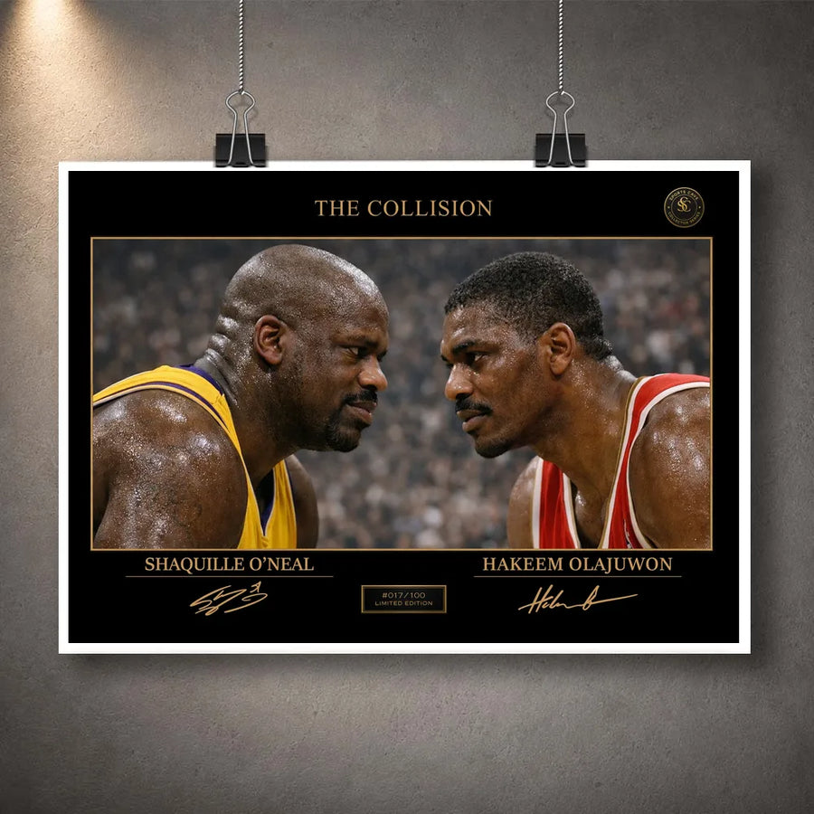 Unframed Shaq vs Hakeem basketball art print hanging with white border and black binder clips