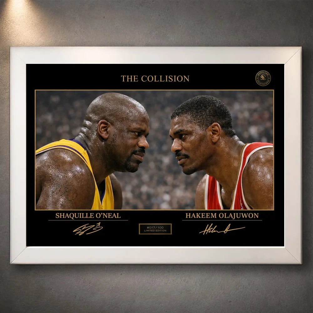 Shaquille O’Neal vs Hakeem Olajuwon framed sports art shown in a white frame on a textured wall