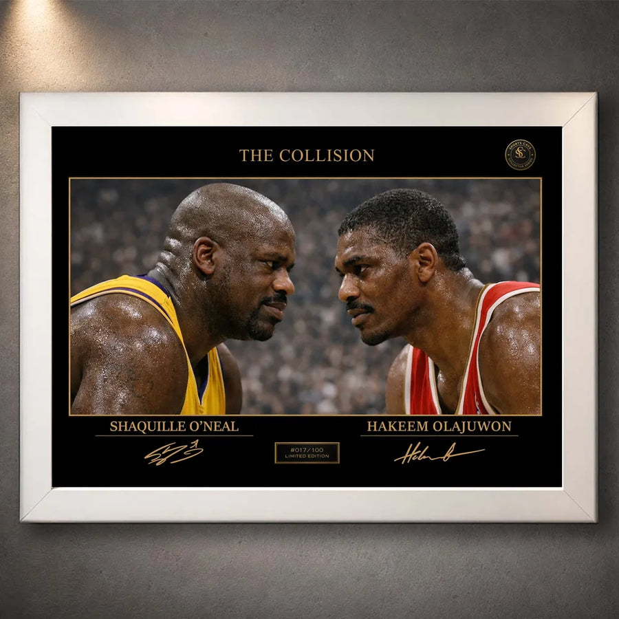 Shaquille O’Neal vs Hakeem Olajuwon framed sports art shown in a white frame on a textured wall
