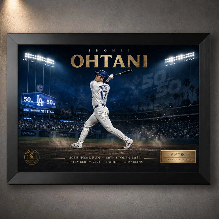 Shohei Ohtani 50/50 baseball wall art displayed in a premium black frame against a softly lit textured wall.