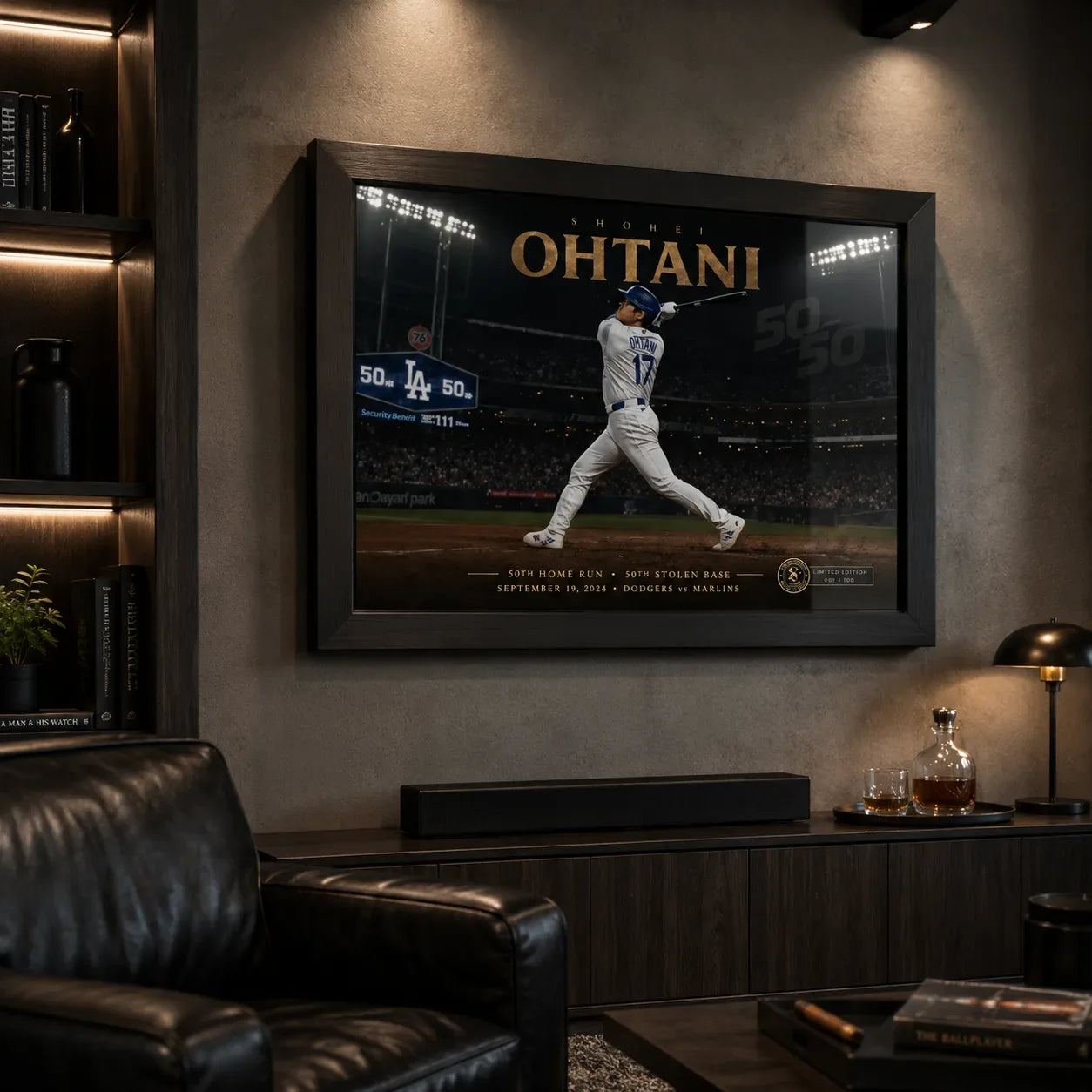 Shohei Ohtani framed baseball wall art displayed in a dark man cave with leather seating and warm display lighting.