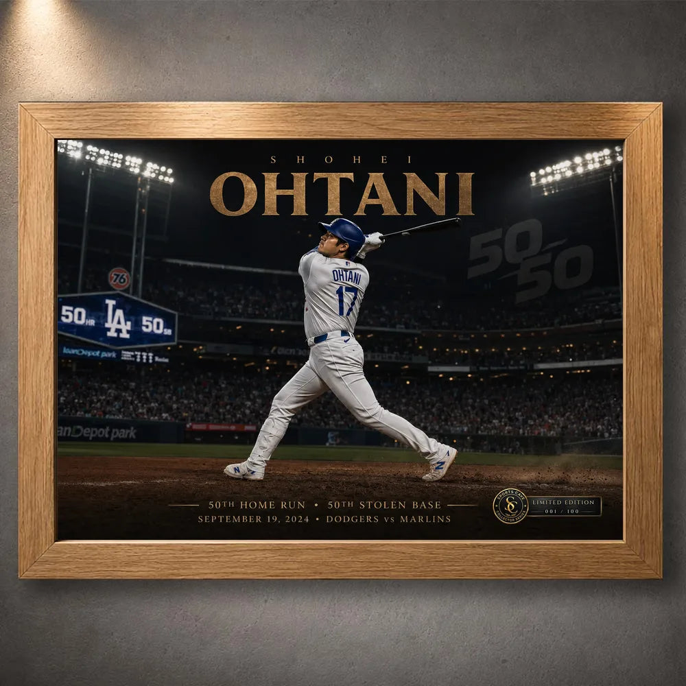 Shohei Ohtani 50/50 baseball wall art displayed in a natural oak frame against a softly lit textured wall.