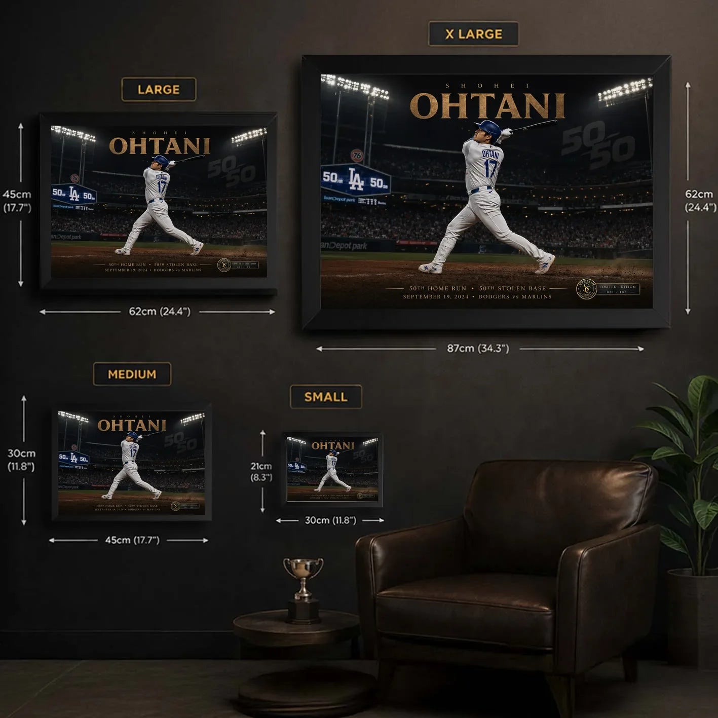 Shohei Ohtani baseball wall art size guide comparing small, medium, large and extra-large framed dimensions.