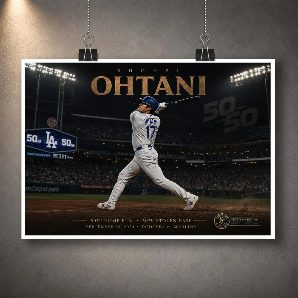 Unframed Shohei Ohtani 50/50 baseball wall art print suspended by clips against a softly lit textured wall.