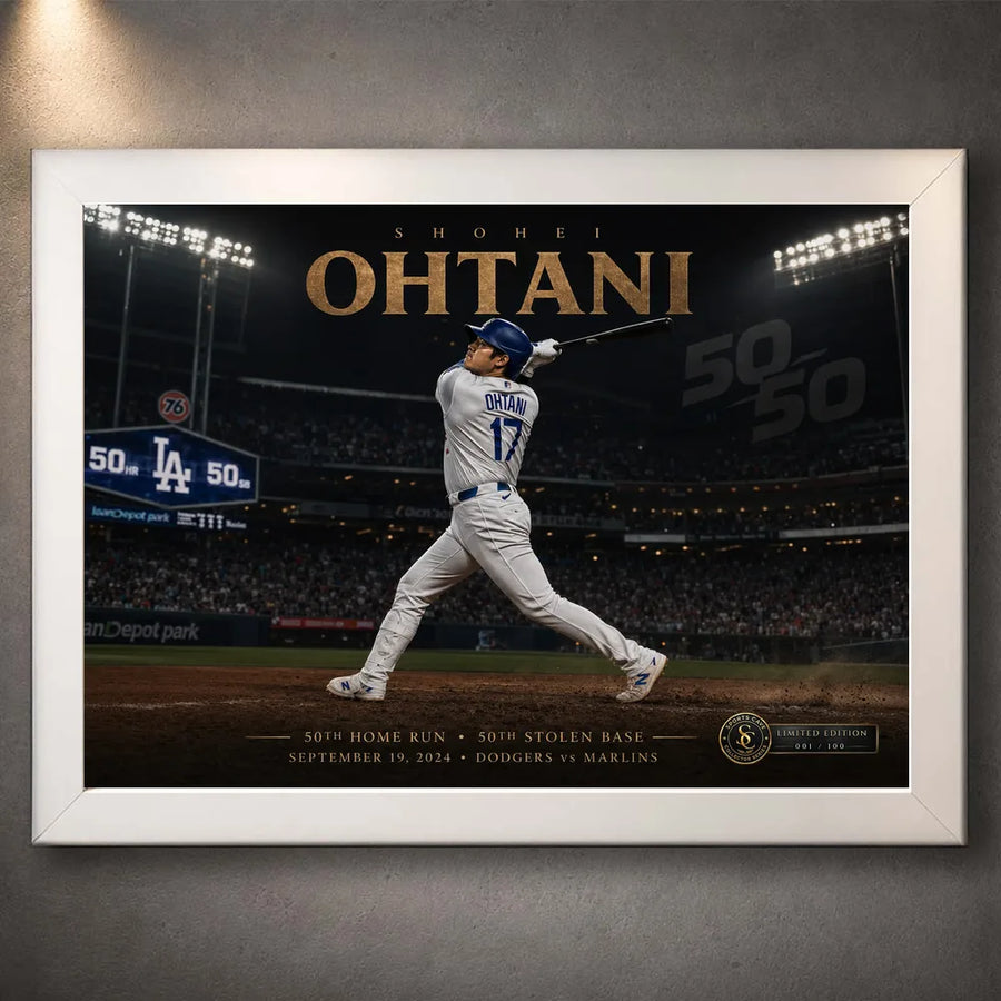 Shohei Ohtani 50/50 baseball wall art displayed in a clean white frame against a softly lit textured wall.