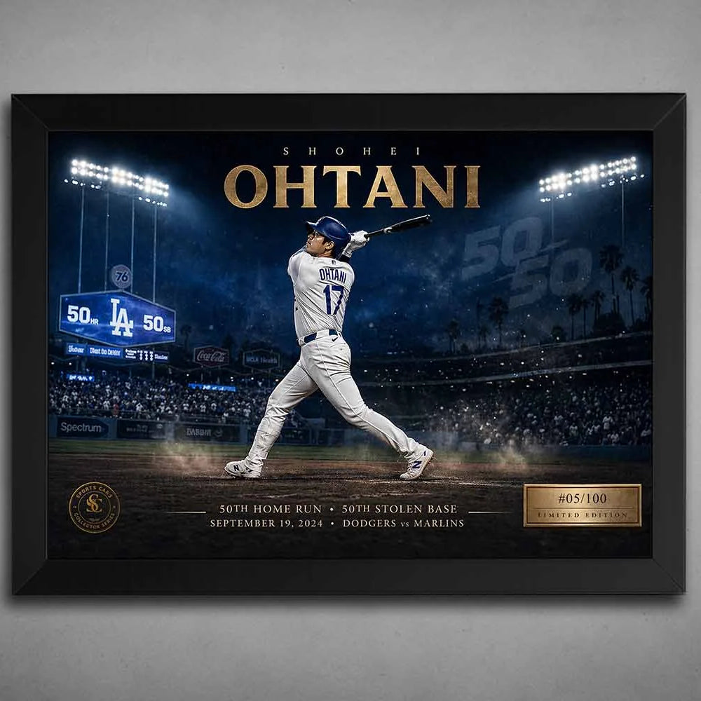 Shohei Ohtani framed sports wall art featuring his 50/50 season moment in a sleek black frame with stadium lighting backdrop