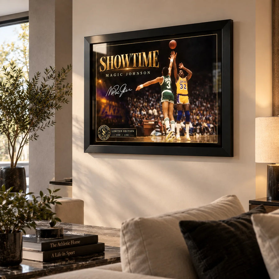 Magic Johnson Showtime wall art displayed in a bright contemporary living room with neutral furniture and warm light.