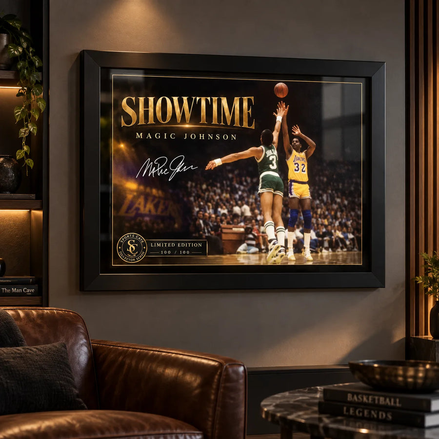 Magic Johnson Showtime wall art displayed in a dark man cave with leather seating and warm feature lighting.