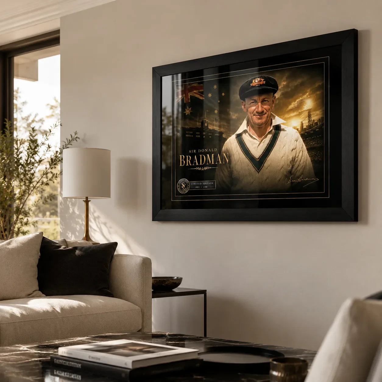 Sir Donald Bradman framed cricket wall art displayed in a warm modern living room with natural light.