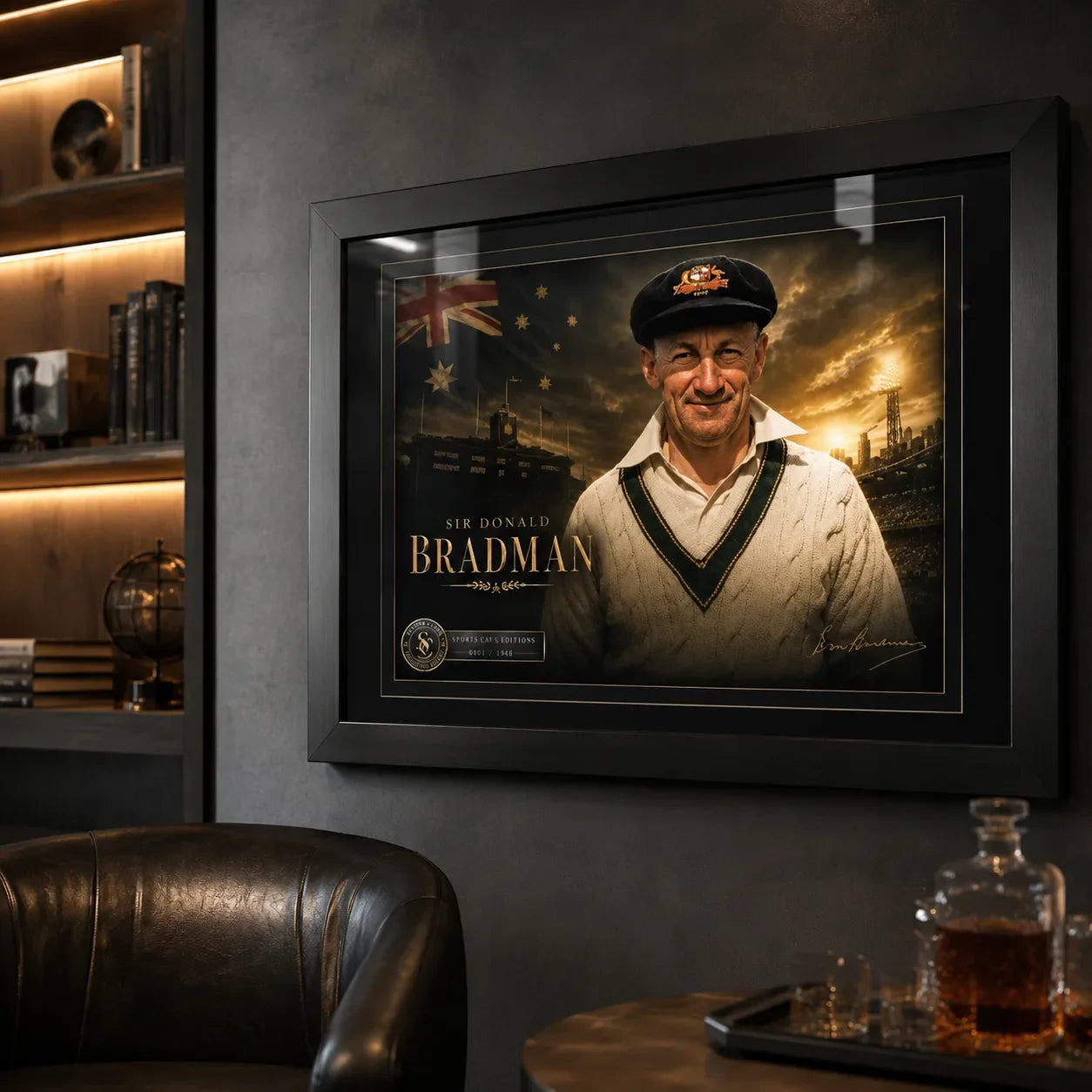 Sir Donald Bradman framed cricket wall art mounted in a dark premium man cave with warm shelf lighting.