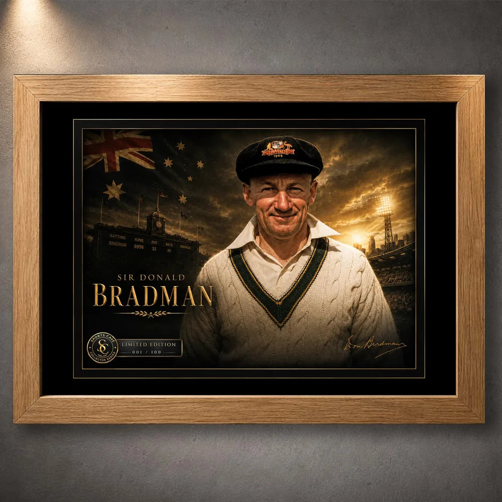 Sir Donald Bradman cricket wall art in a natural oak frame with black matting and limited edition plaque.