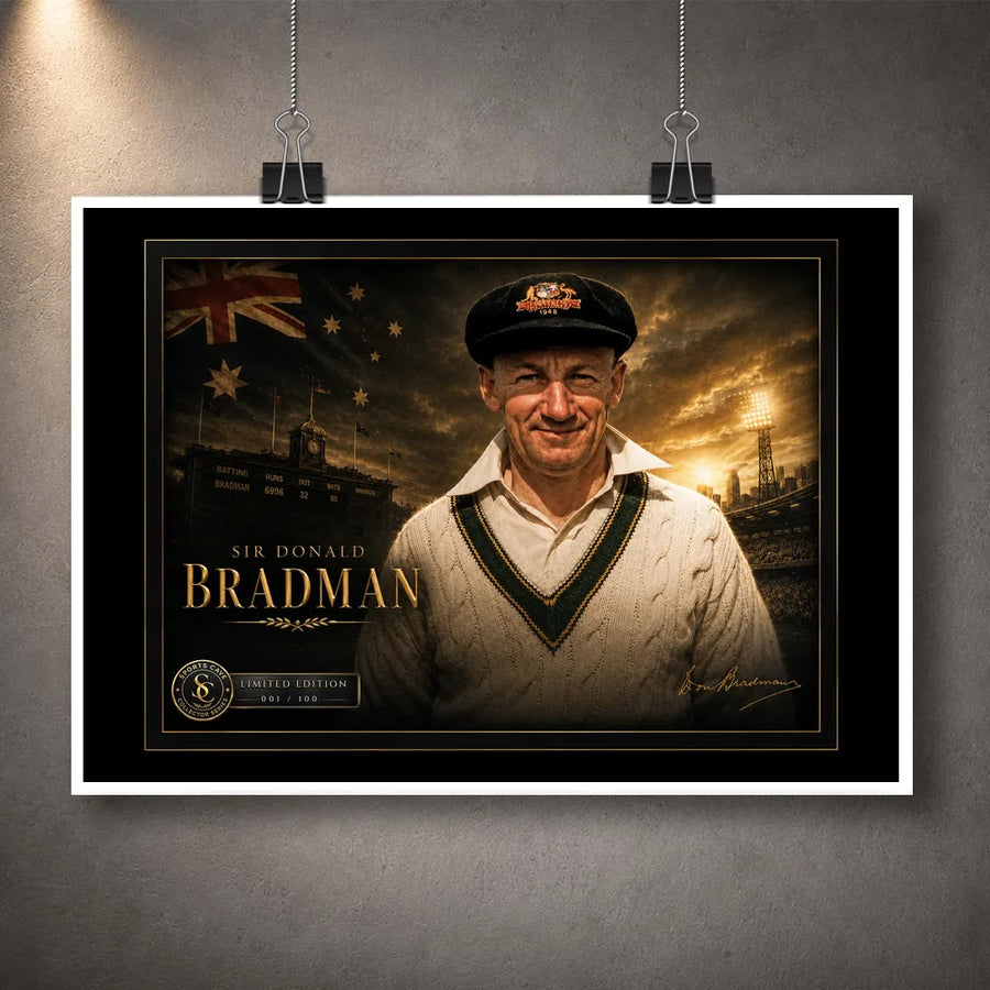 Unframed Sir Donald Bradman cricket wall art print with black border, gold title and limited edition plaque.