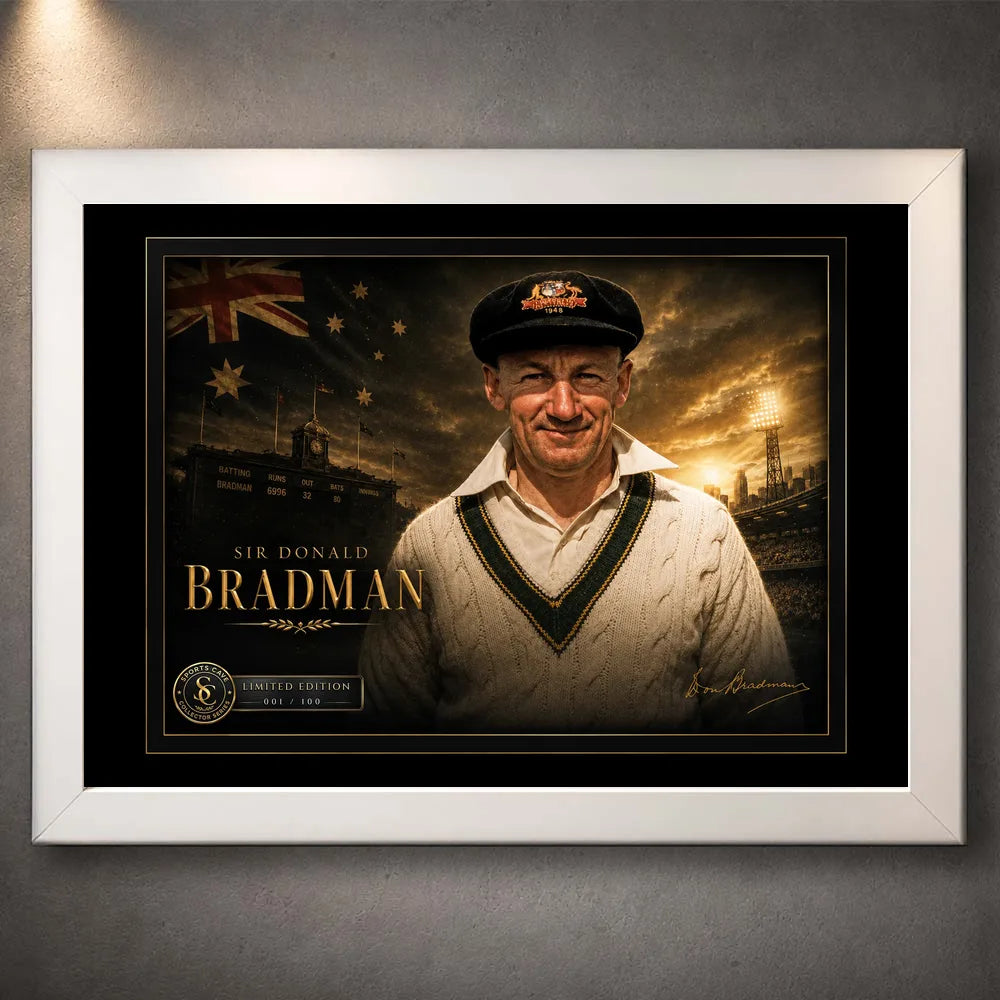 Sir Donald Bradman cricket wall art in a clean white frame with black matting and premium gold detailing.