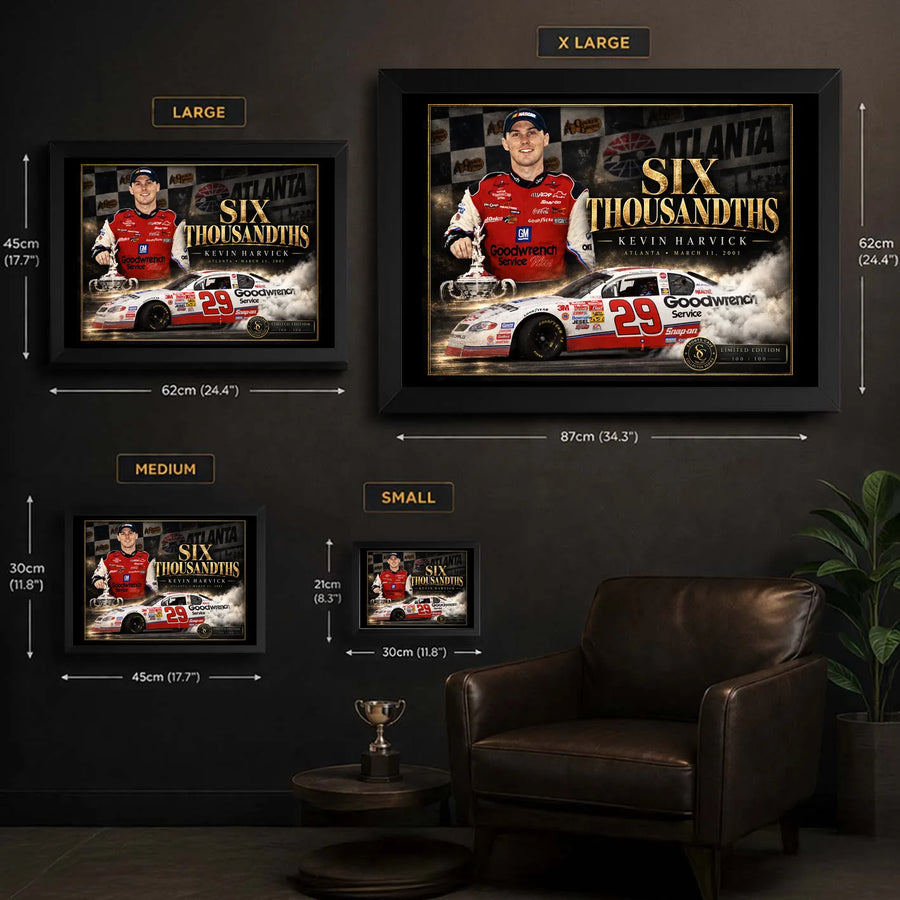 Kevin Harvick Six Thousandths wall art size guide showing Small, Medium, Large and X Large framed dimensions.