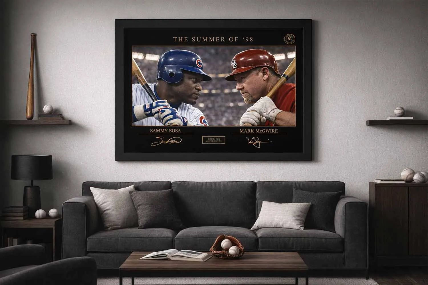 Modern man cave wall décor featuring the Summer of ’98 framed sports art of Sammy Sosa and Mark McGwire rivalry.