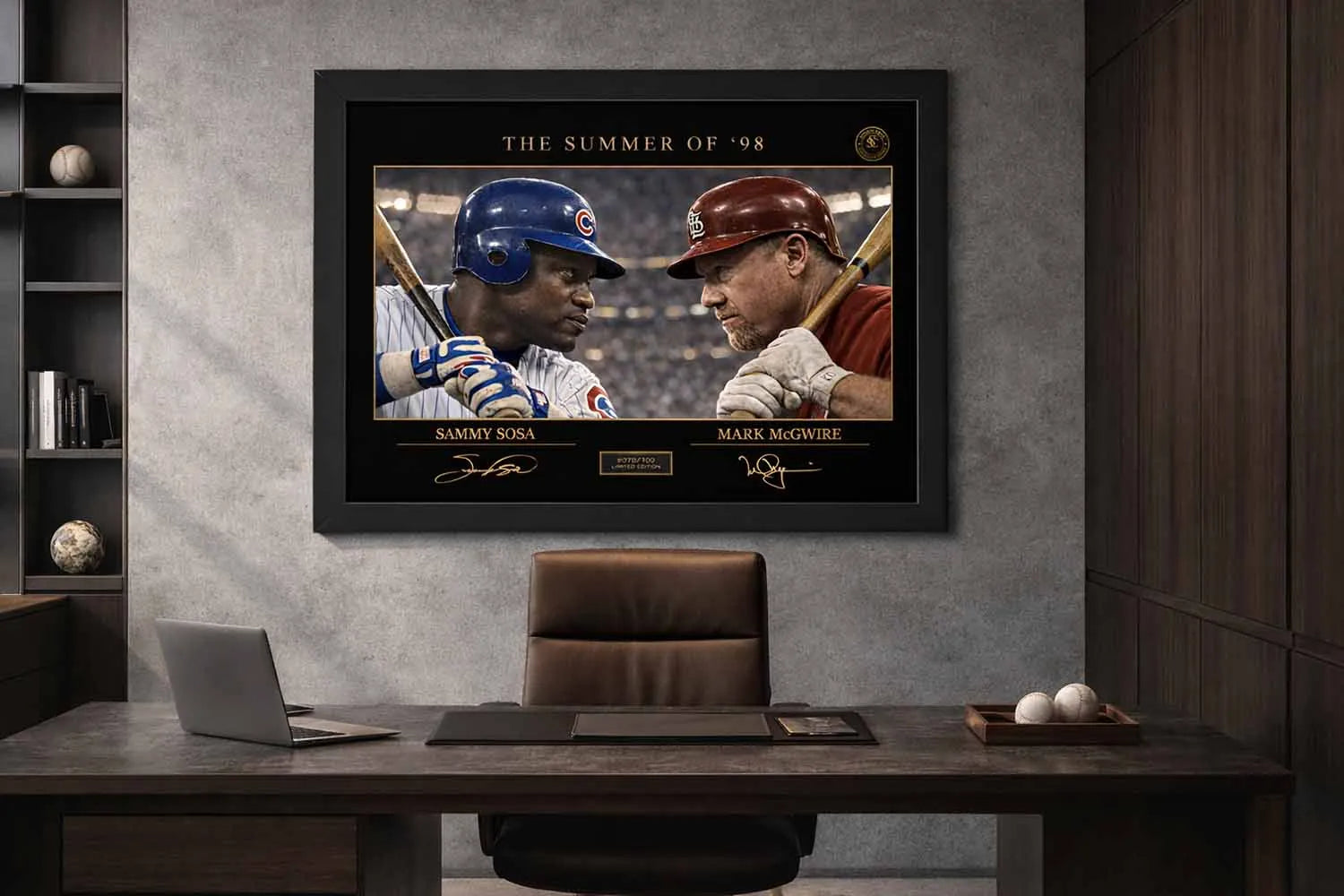 Executive office setting with framed sports memorabilia of Sammy Sosa and Mark McGwire’s Summer of ’98 rivalry.