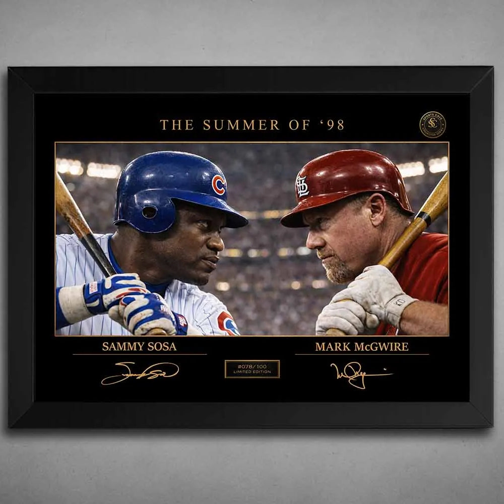 A black frame showcases Sammy Sosa and Mark McGwire in the Summer of ’98 rivalry, premium sports collectibles for fans.