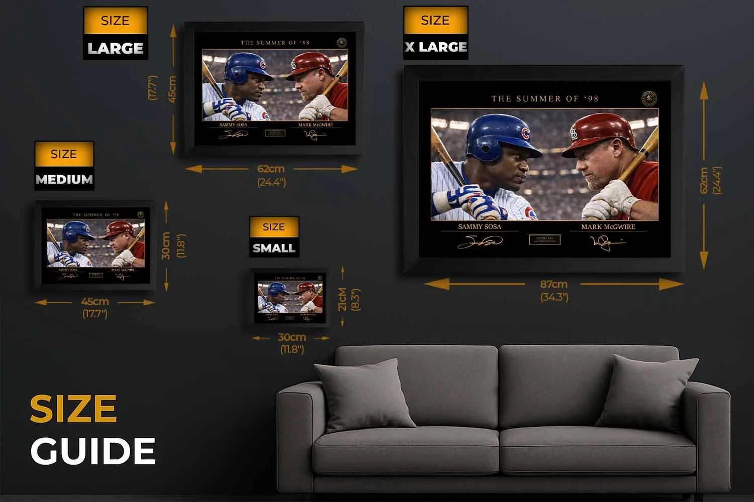 Size guide showing framed sports art of Sammy Sosa and Mark McGwire’s Summer of ’98 rivalry in multiple dimensions.
