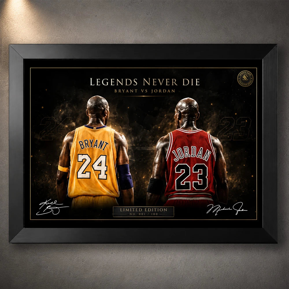 Kobe Bryant vs Michael Jordan NBA wall art in black frame from the Legends Never Die Collector Series