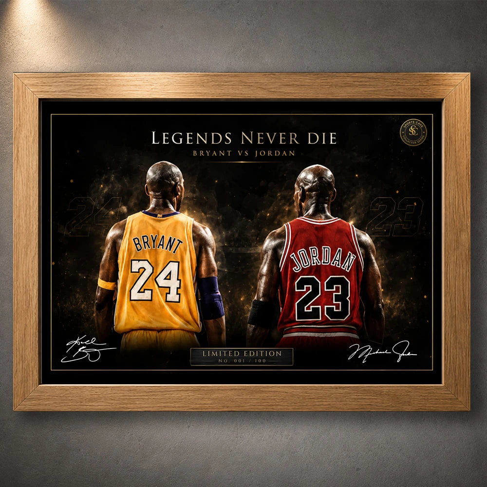 Kobe Bryant vs Michael Jordan NBA wall art in oak frame for man cave collectors