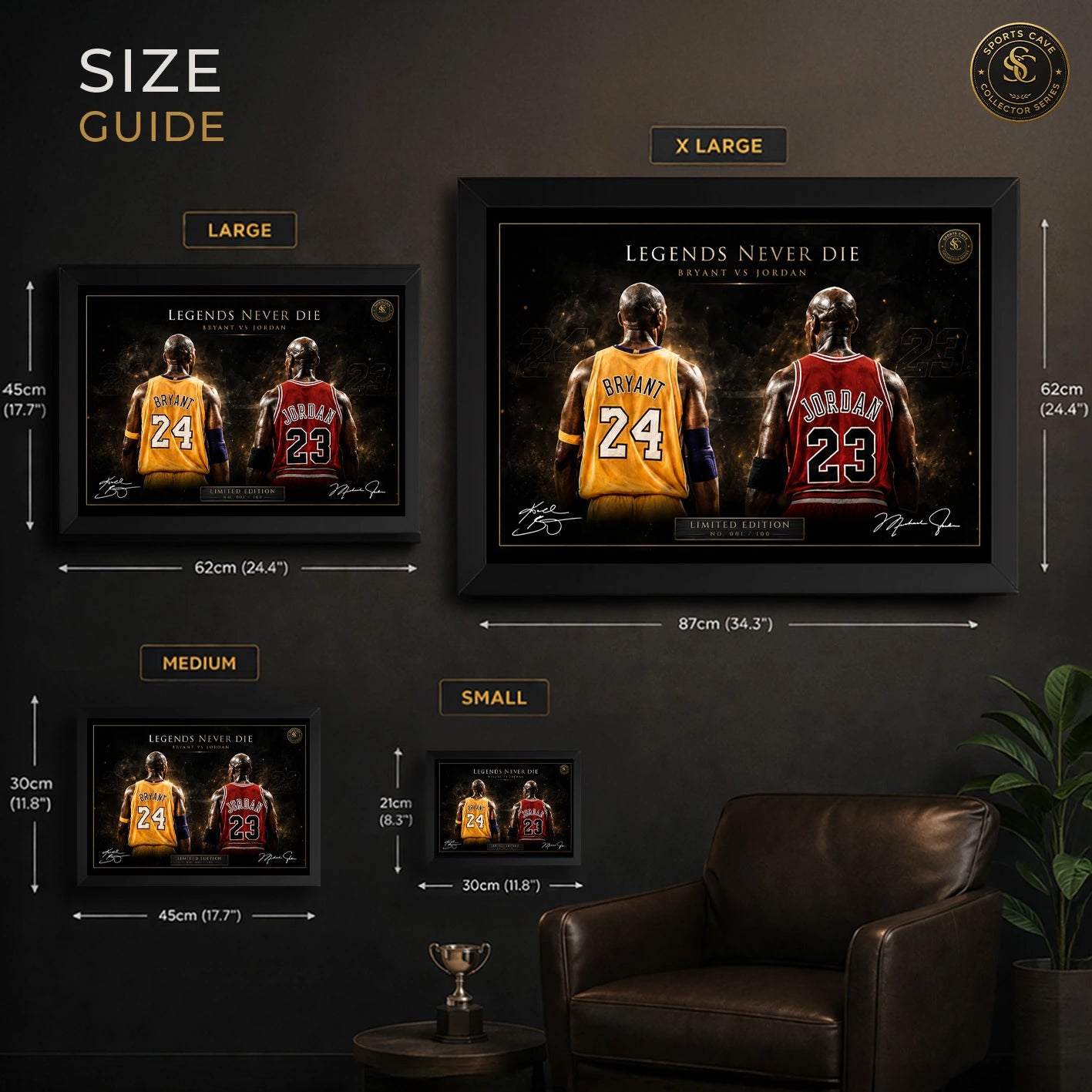 Sports Cave size guide showing available sizes for Kobe Bryant vs Michael Jordan wall art