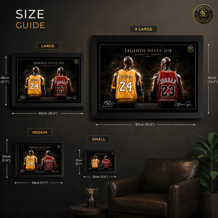 Sports Cave size guide showing available sizes for Kobe Bryant vs Michael Jordan wall art