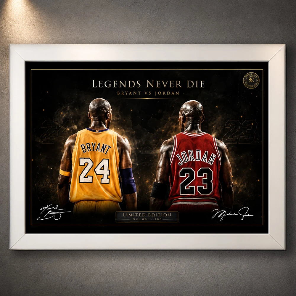 Kobe Bryant vs Michael Jordan NBA wall art in white frame limited edition Sports Cave release