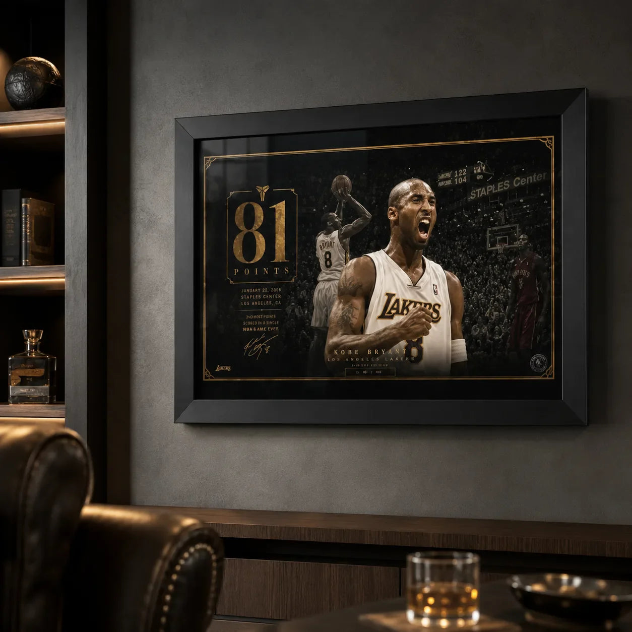 Kobe Bryant 81-point Lakers artwork in a black frame displayed on a dark man cave wall