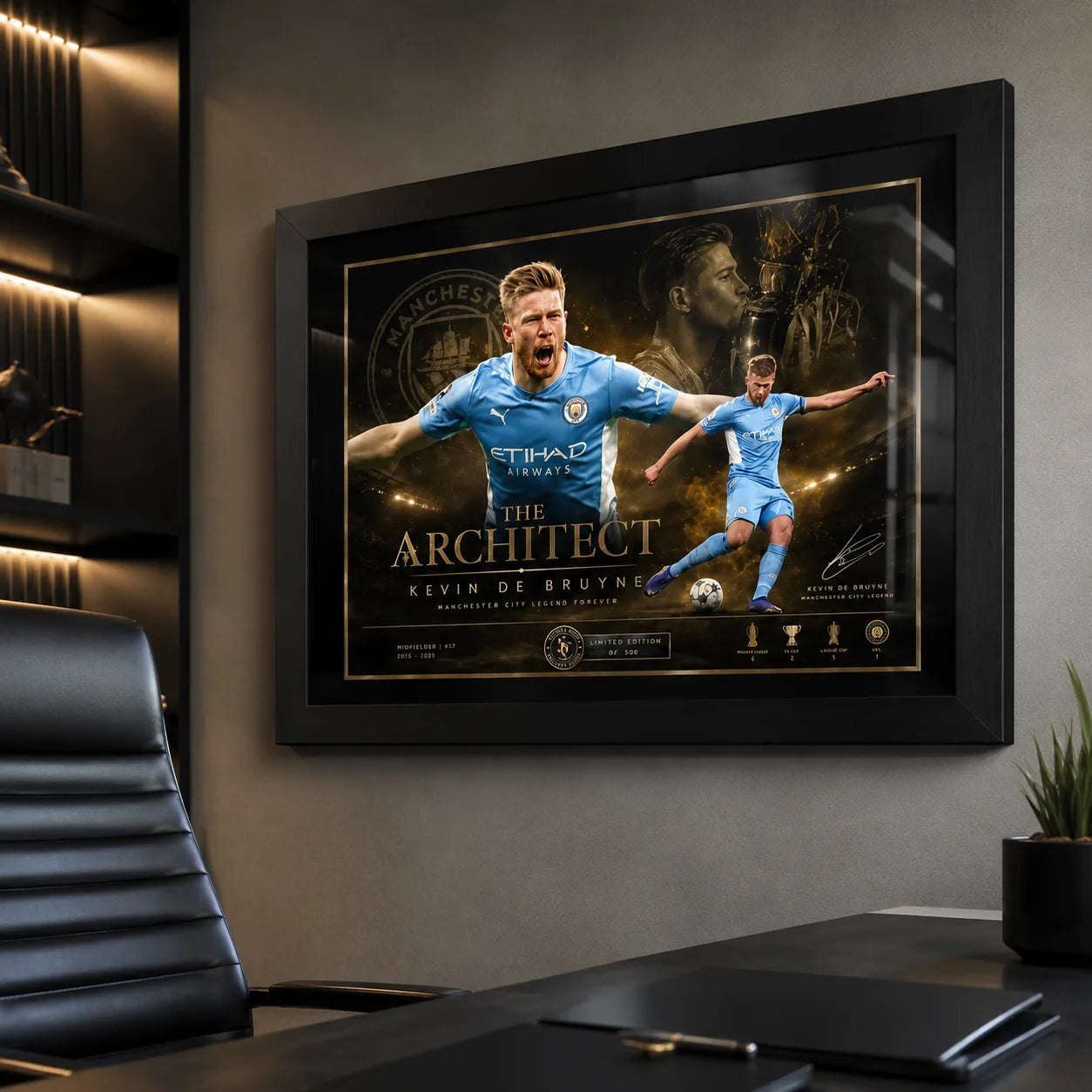 Kevin De Bruyne Manchester City framed soccer wall art on a modern office wall above a desk.