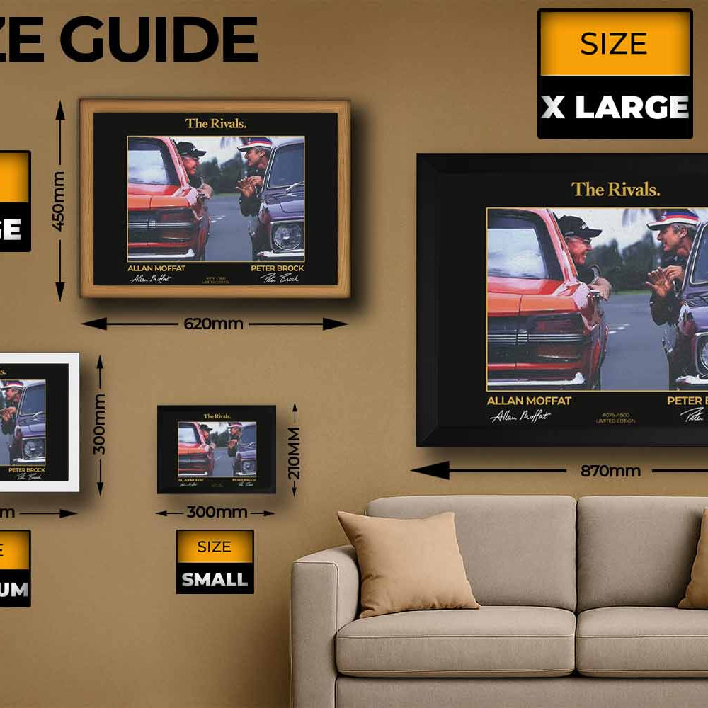 Size guide for “The Rivals” Allan Moffat vs Peter Brock framed wall art showing Small, Medium, Large, and Extra Large dimensions for ideal home or office display.