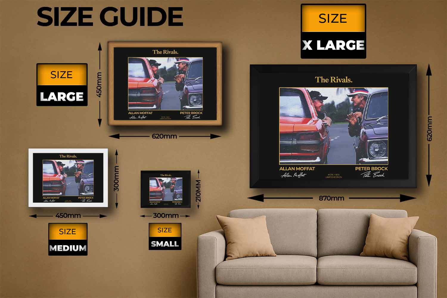 Size guide for “The Rivals” Allan Moffat vs Peter Brock framed wall art showing Small, Medium, Large, and Extra Large dimensions for ideal home or office display.