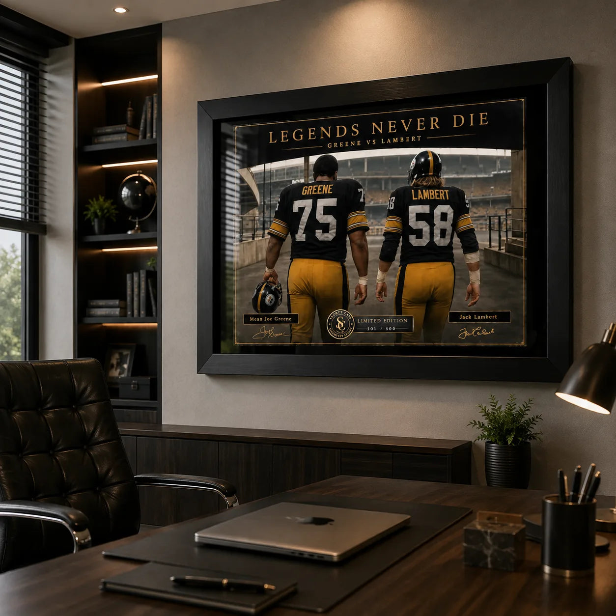 Greene and Lambert NFL wall art displayed in a modern office with a black frame above the desk.