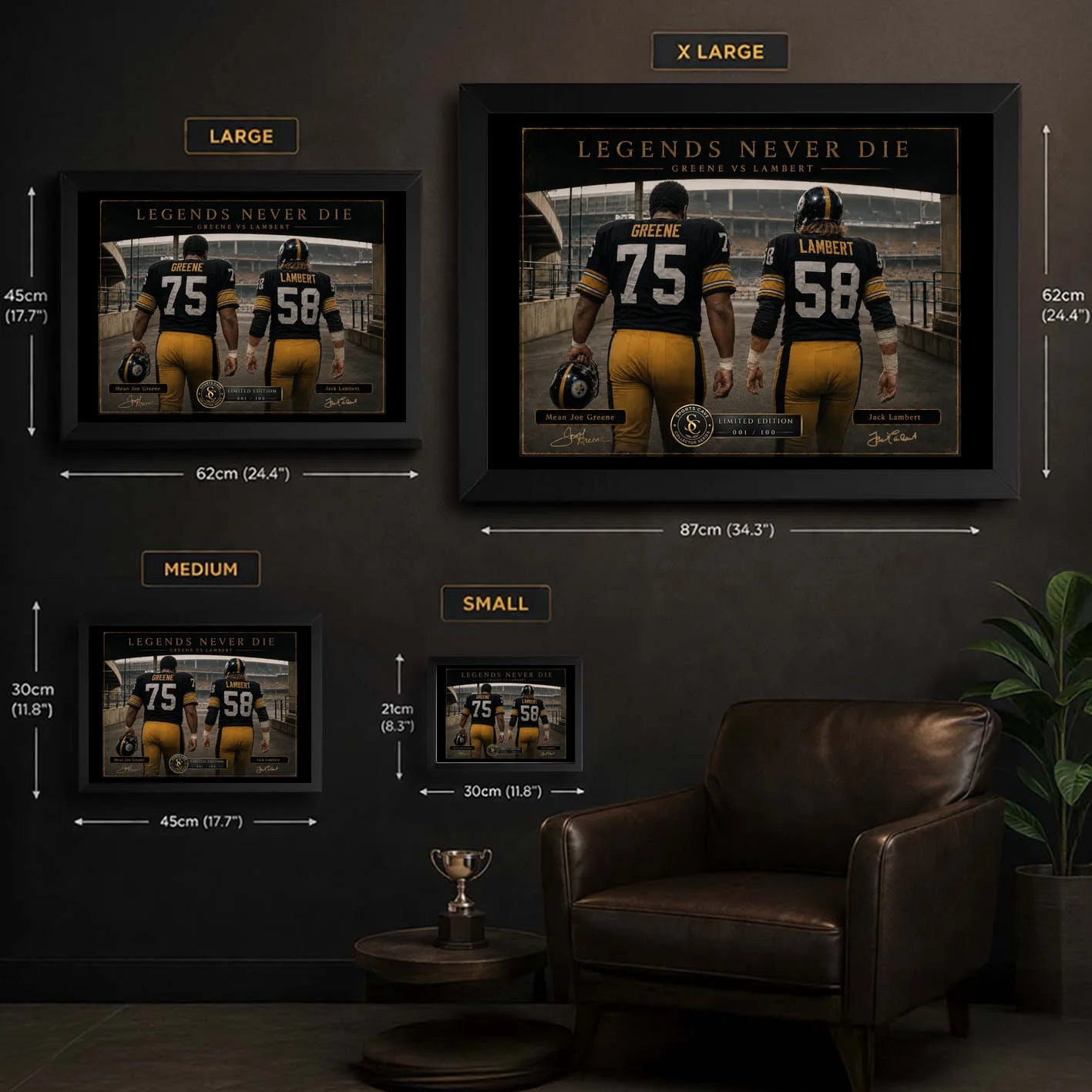 Greene and Lambert NFL wall art size guide showing the available framed dimensions from small to XL.