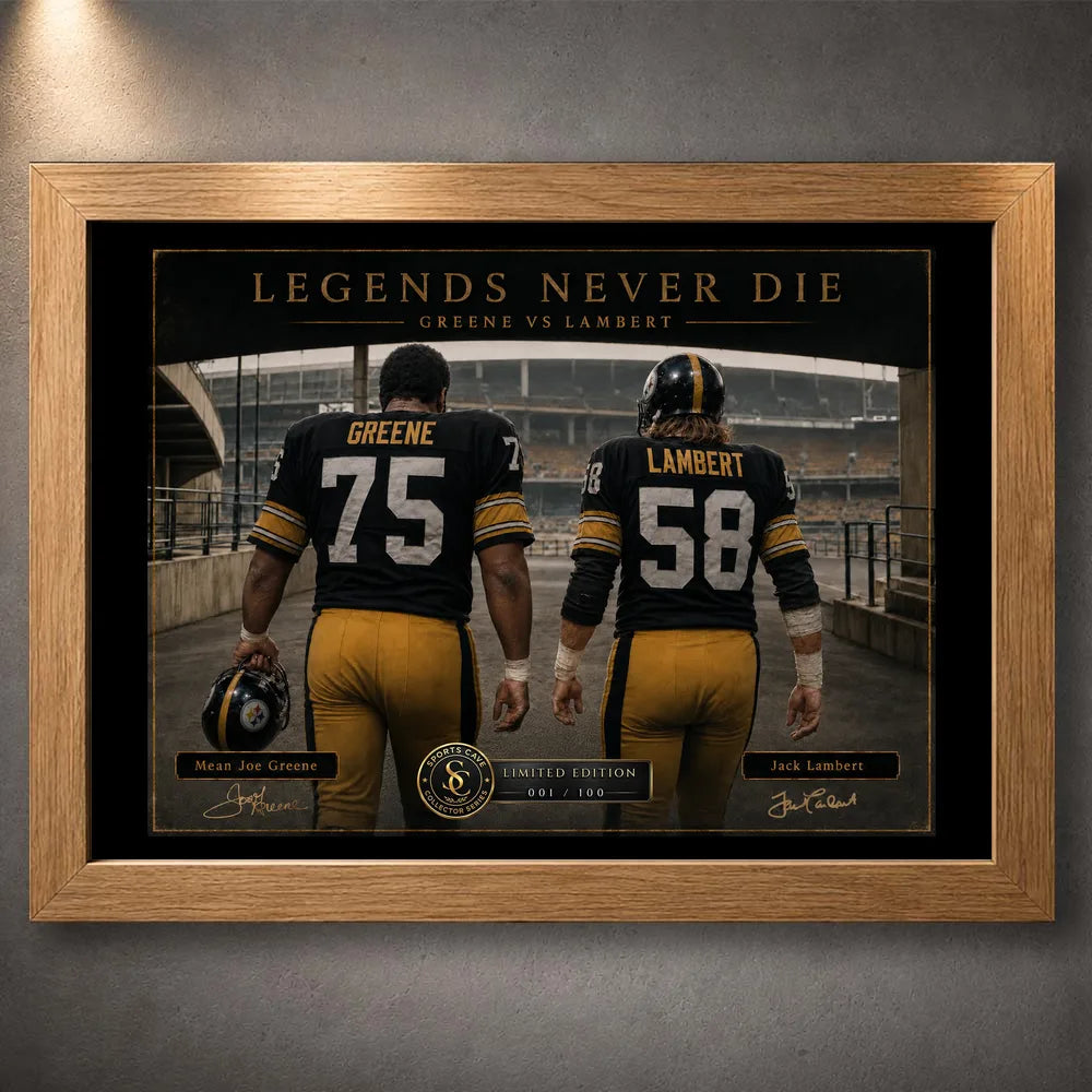 Oak framed Mean Joe Greene and Jack Lambert NFL wall art featuring the Legends Never Die design.