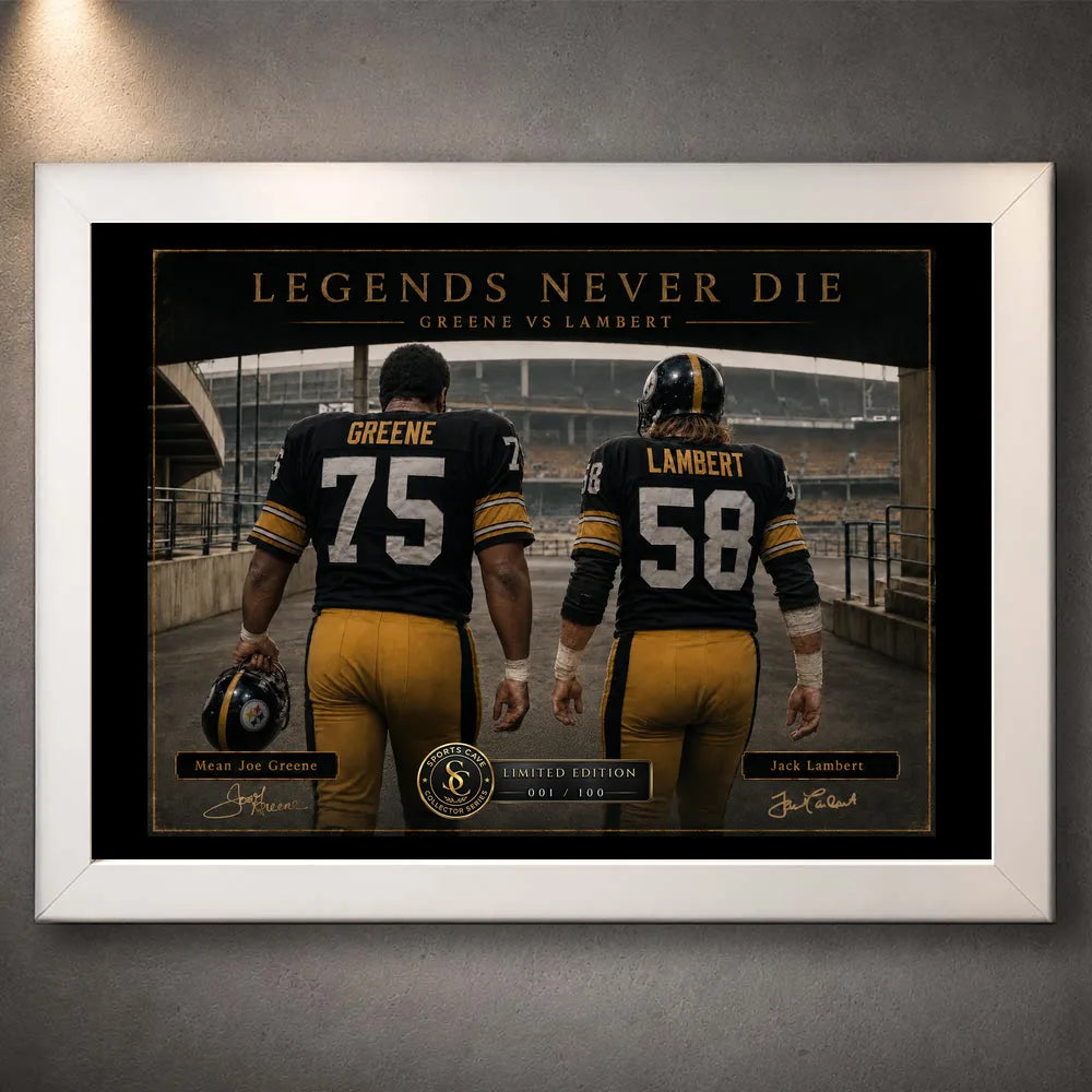 White framed Mean Joe Greene and Jack Lambert NFL wall art featuring the Legends Never Die design.
